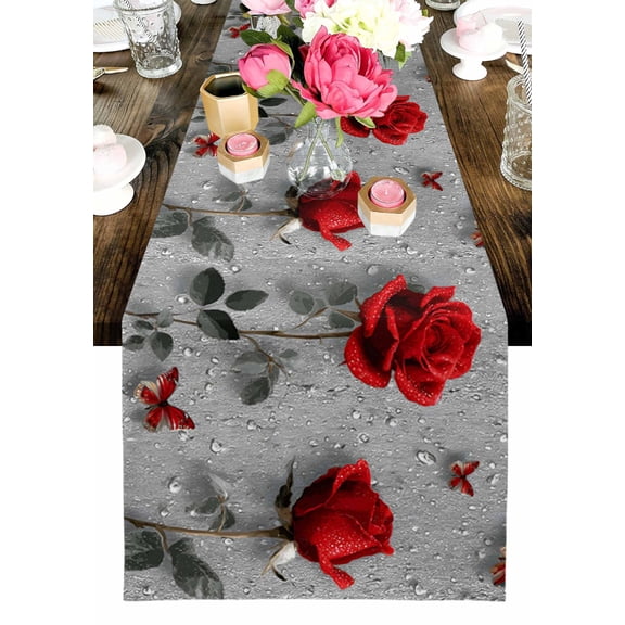 Valentine's Day Table Runner, Rainy Romantic Red Roses Floral Plant Butterfly Washable Cotton-linen Table Runners Dining Kitchen Decoration for Everyday Home Wedding Party Decor, 13 x 120 Inch