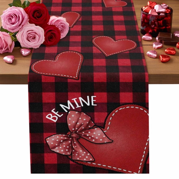 Valentine's Day Table Runner Red Black Love Heart Table Runners Bow Tie Buffalo Plaid Cotton Linen Dresser Scarf Kitchen Dining Table Decor for Valentines Wedding Party Decor 13x72 Inch