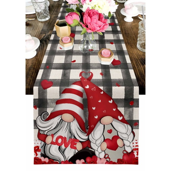 Valentine's Day Table Runner, Red Gnome Couple with Roses Gifts Black Plaid Washable Cotton-linen Table Runners Dining Kitchen Decoration for Everyday Home Wedding Party Decor, 13 x 36 Inch