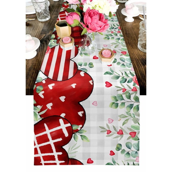 Valentine's Day Table Runner, Red Heart Green Eucalyptus Roses Petals Plaid Washable Cotton-linen Table Runners Dining Kitchen Decoration for Everyday Home Wedding Party Decor, 13 x 120 Inch