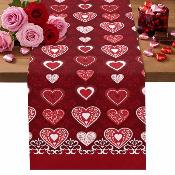 Valentine's Day Table Runner Red Heart Table Runners Romantic Abstract Balloon Cotton Linen Dresser Scarf Kitchen Dining Table Decor for Valentines Wedding Party Decor 13x90 Inch