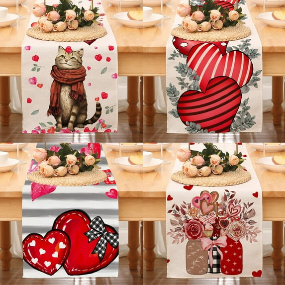 Valentine's Day Table Runner Red Heart Valentines Holiday Theme Cute Cat Runner Kitchen Dining Table Decoration For Home Party Decor 36.61x12.99 Inches