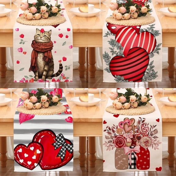 Valentine's Day Table Runner Red Heart Valentines Holiday Theme Cute Cat Runner Kitchen Dining Table Decoration For Home Party Decor 36.61x12.99 Inches