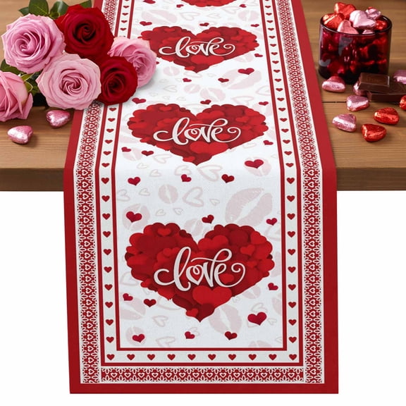 Valentine's Day Table Runner Red Love Heart Table Runners Romantic Kiss Lips Cotton Linen Dresser Scarf Kitchen Dining Table Decor for Valentines Wedding Party Decor 13x72 Inch