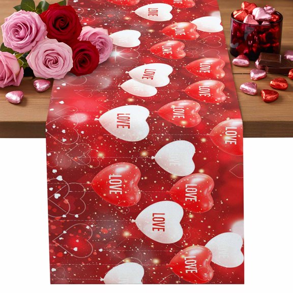 Valentine's Day Table Runner Red Love Heart Table Runners Shiny Fantasy Balloon Cotton Linen Dresser Scarf Kitchen Dining Table Decor for Valentines Wedding Party Decor 13x90 Inch