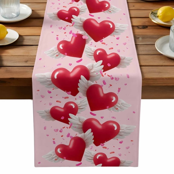 Valentine's Day Table Runner, Red Love Heart Wings Decoration Gradient Pink Washable Kitchen Table Runners Dress Scarves for Dining Table Decorations Party, 13x36in