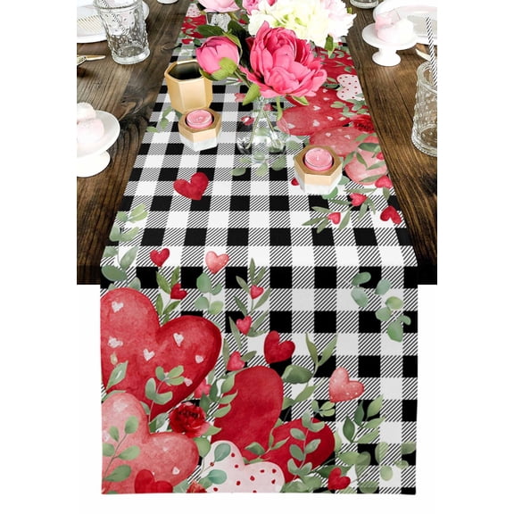 Valentine's Day Table Runner, Red Pink Dots Love Heart Floral Leaf Black Plaid Washable Cotton-linen Table Runners Dining Kitchen Decoration for Everyday Home Wedding Party Decor, 13 x 36 Inch