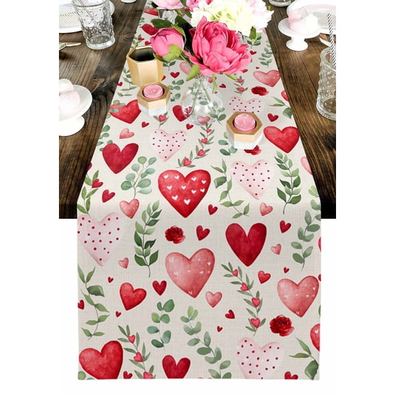 Valentine's Day Table Runner, Red Pink Dots Love Heart Roses Floral Leaf Washable Cotton-linen Table Runners Dining Kitchen Decoration for Everyday Home Wedding Party Decor, 13 x 36 Inch