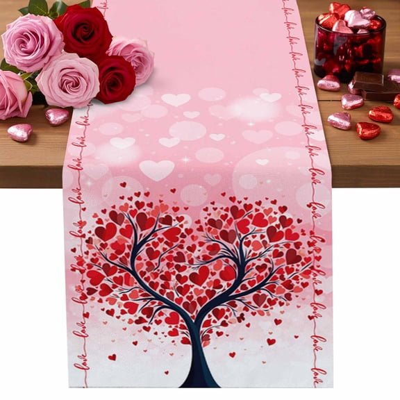 Valentine's Day Table Runner Red Pink Love Heart Table Runners Tree Branch Balloon Cotton Linen Dresser Scarf Kitchen Dining Table Decor for Valentines Wedding Party Decor 13x90 Inch