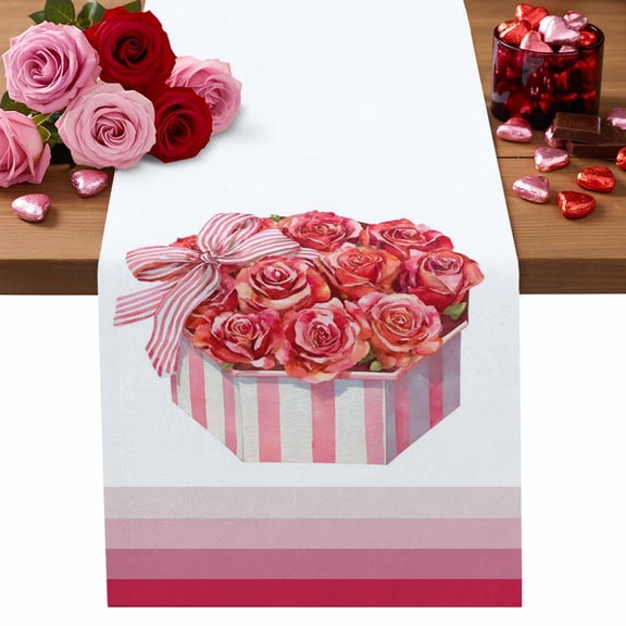 Valentine's Day Table Runner Red Rose Flower Table Runners Bow Tie Pink Stripe Box Cotton Linen Dresser Scarf Kitchen Dining Table Decor for Valentines Wedding Party Decor 13x72 Inch