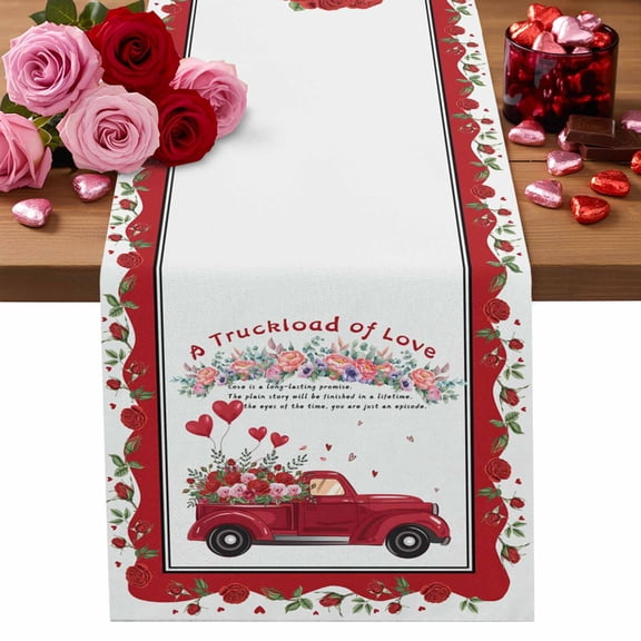 Valentine's Day Table Runner Red Roses Truck Table Runners Loads of Love Heart Balloon Cotton Linen Dresser Scarf Kitchen Dining Table Decor for Valentines Wedding Party Decor 13x90 Inch