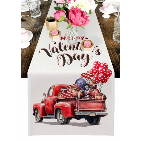 Valentine's Day Table Runner, Red Truck Love Heart Rugby Dots Balloons Beige Washable Cotton-linen Table Runners Dining Kitchen Decoration for Everyday Home Wedding Party Decor, 13 x 108 Inch