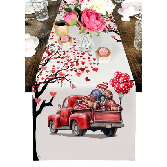 Valentine's Day Table Runner, Red Truck Love Heart Tree Rugby Balloons Beige Washable Cotton-linen Table Runners Dining Kitchen Decoration for Everyday Home Wedding Party Decor, 13 x 36 Inch