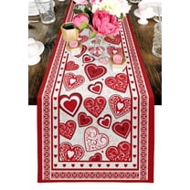 Valentine's Day Table Runner, Red and White Love Heart Geometric Washable Cotton-linen Table Runners Dining Kitchen Decoration for Everyday Home Wedding Party Decor, 13 x 36 Inch