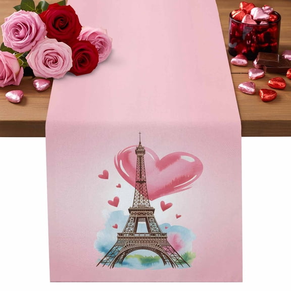 Valentine's Day Table Runner Romantic Paris Table Runners Eiffel Tower Pink Love Heart Cotton Linen Dresser Scarf Kitchen Dining Table Decor for Valentines Wedding Party Decor 13x72 Inch