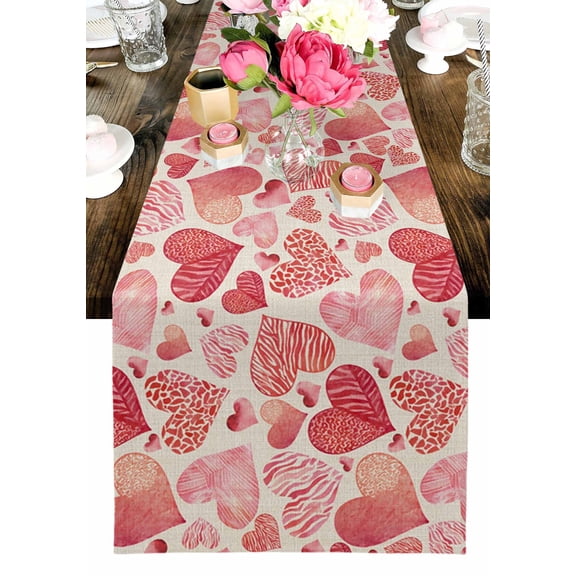 Valentine's Day Table Runner, Romantic Pink Stripes Leopard Love Heart Linen Texture Washable Cotton-linen Table Runners Dining Kitchen Decoration for Everyday Home Wedding Party Decor, 13 x 36 Inch