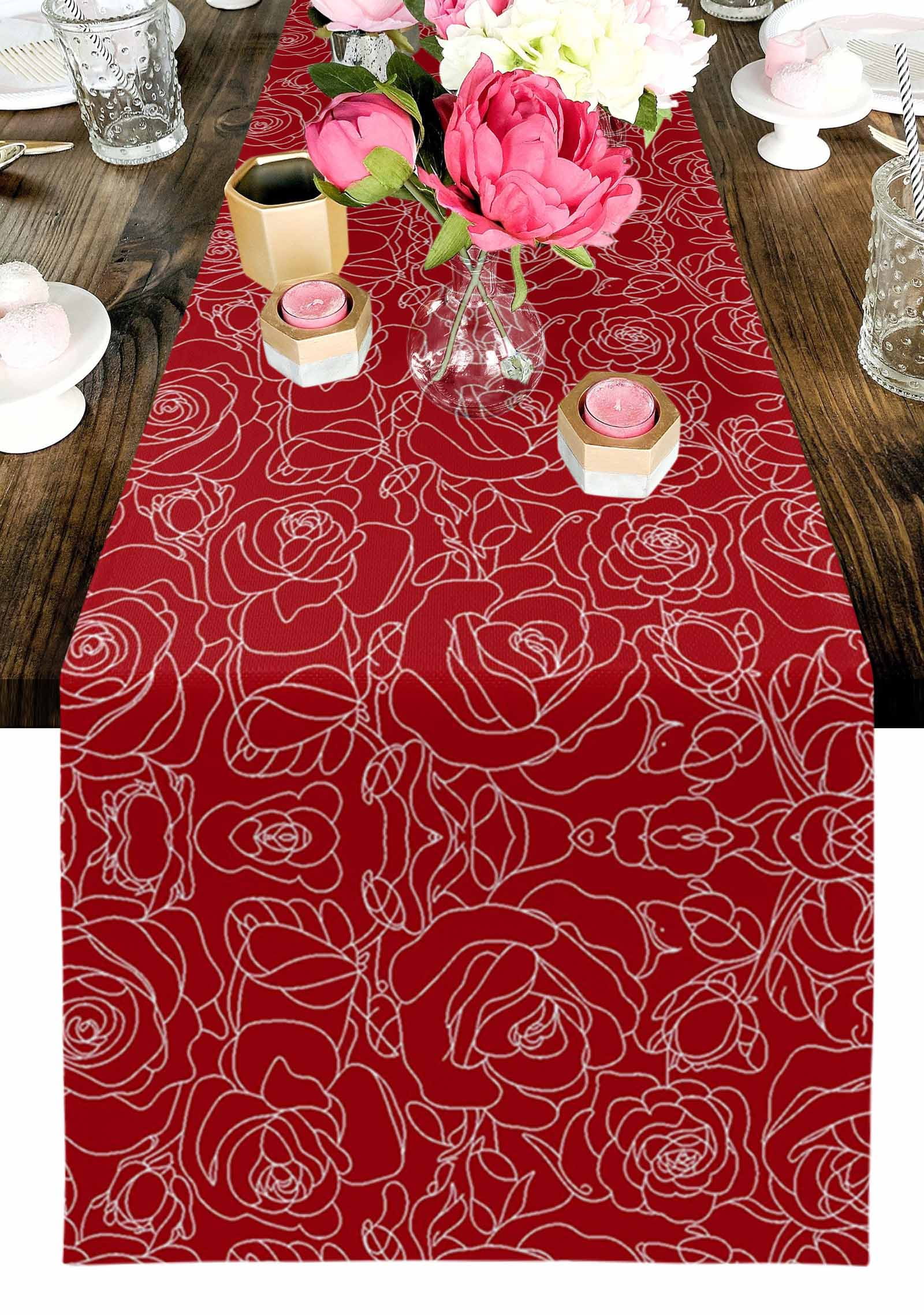 Valentine's Day Table Runner, Romantic Red Roses Flower Abstract Floral Texture Washable Cotton-linen Table Runners Dining Kitchen Decoration for Everyday Home Wedding Party Decor, 13 x 90 Inch