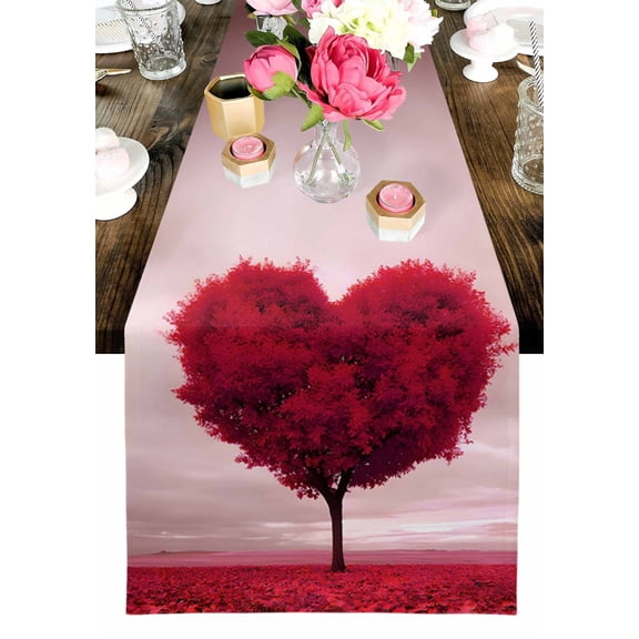 Valentine's Day Table Runner, Romantic Spring Red Maple Leaf Love Heart Tree Dark Pink Washable Cotton-linen Table Runners Dining Kitchen Decoration for Everyday Home Wedding Party Decor, 13 x 36 In