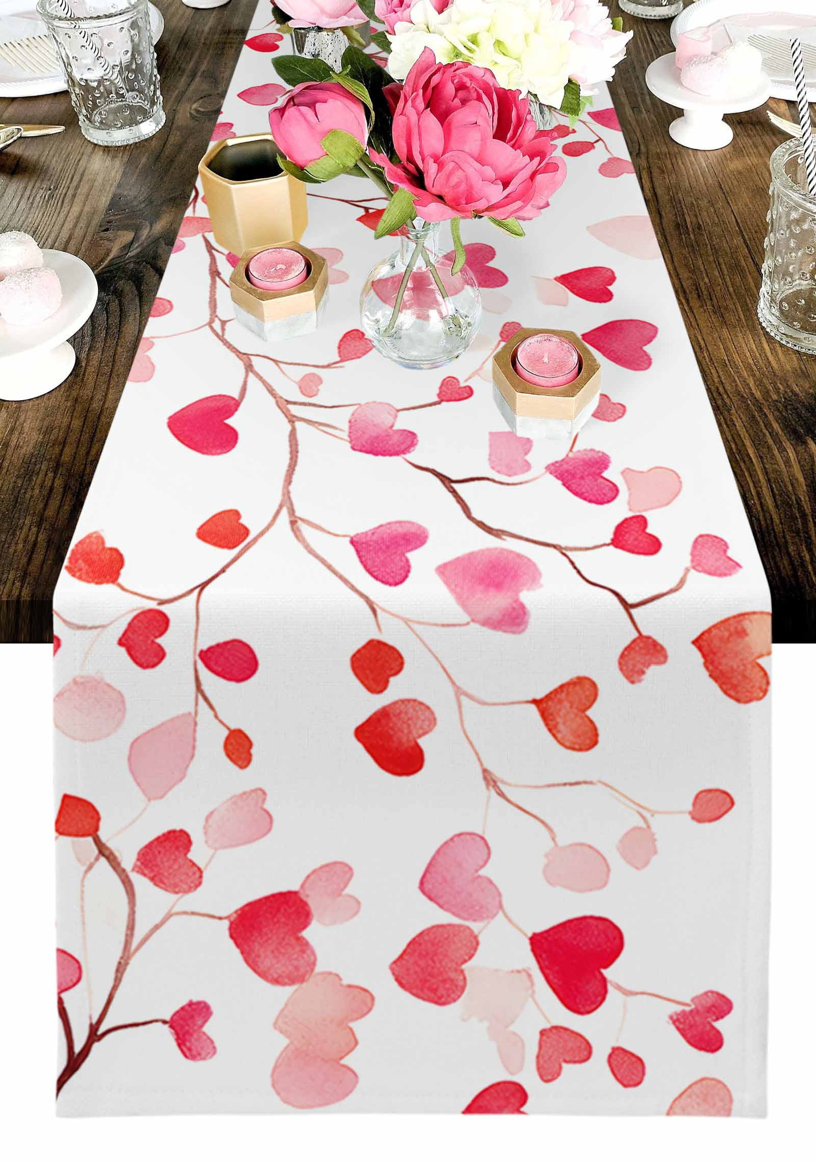 Valentine's Day Table Runner, Romantic Watercolor Red Gradient Love Heart Tree Washable Cotton-linen Table Runners Dining Kitchen Decoration for Everyday Home Wedding Party Decor, 13 x 108 Inch