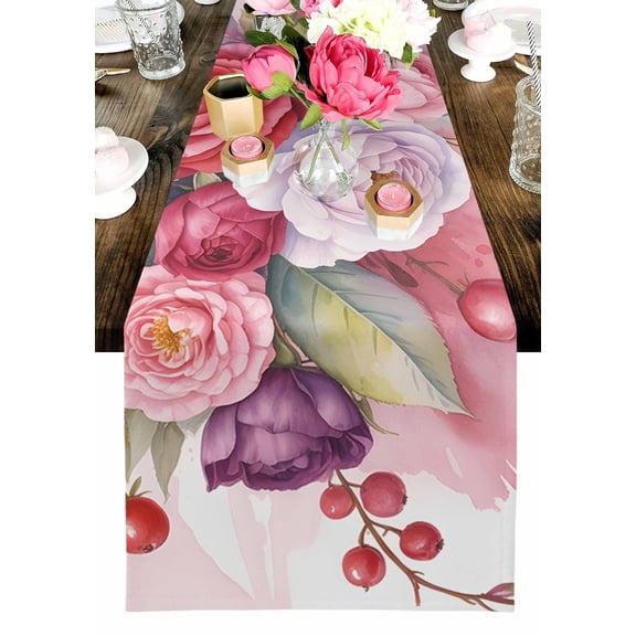 Valentine's Day Table Runner, Romantic Watercolor Red Pink Purple Roses Floral Pink Washable Cotton-linen Table Runners Dining Kitchen Decoration for Everyday Home Wedding Party Decor, 13 x 90 Inch