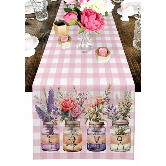 Valentine's Day Table Runner, Roses Lavender Love Glass Vase Pink Plaid Washable Cotton-linen Table Runners Dining Kitchen Decoration for Everyday Home Wedding Party Decor, 13 x 72 Inch