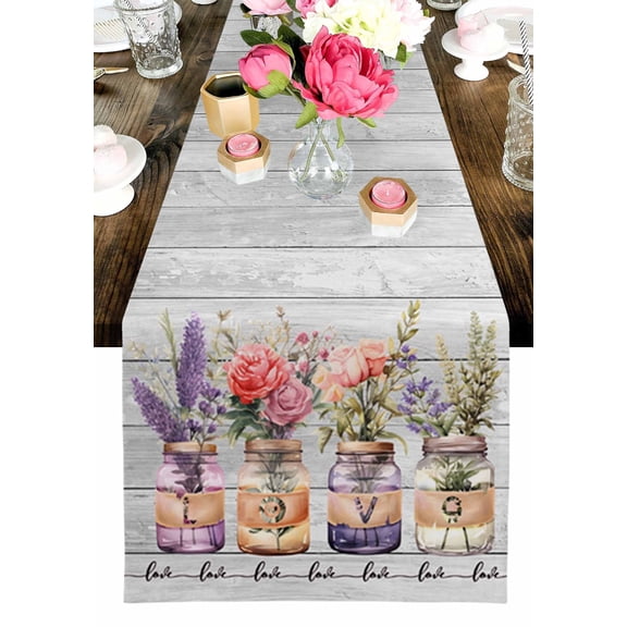 Valentine's Day Table Runner, Roses Lavender Love Glass Vase Wood Grain Washable Cotton-linen Table Runners Dining Kitchen Decoration for Everyday Home Wedding Party Decor, 13 x 120 Inch