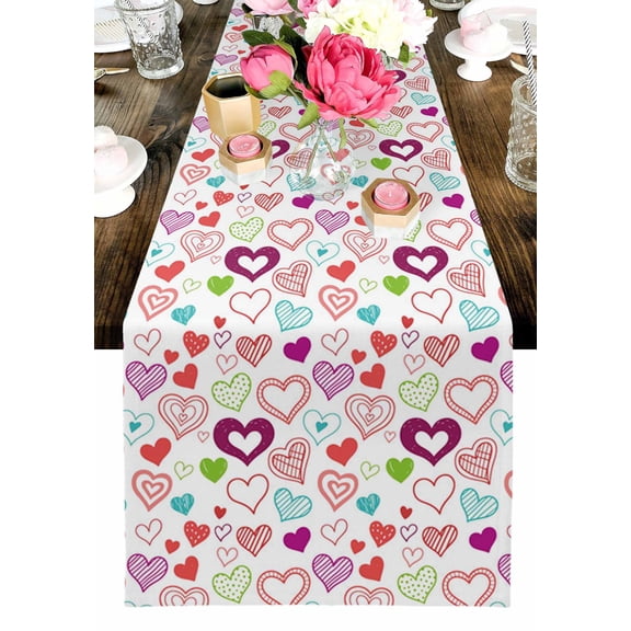 Valentine's Day Table Runner, Simple Colorful Love Plaid Polka Dot Lines Hearts Washable Cotton-linen Table Runners Dining Kitchen Decoration for Everyday Home Wedding Party Decor, 13 x 36 Inch