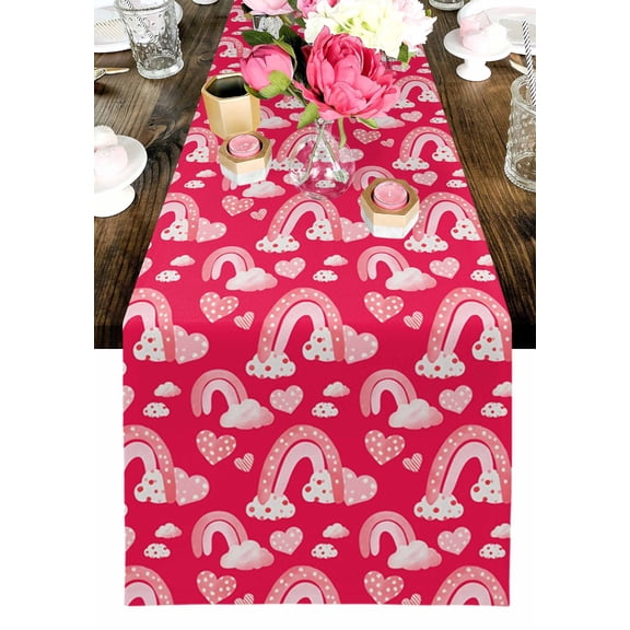 Valentine's Day Table Runner, Spring Pink Rainbow Cloud Love Heart Rose Red Washable Cotton-linen Table Runners Dining Kitchen Decoration for Everyday Home Wedding Party Decor, 13 x 36 Inch