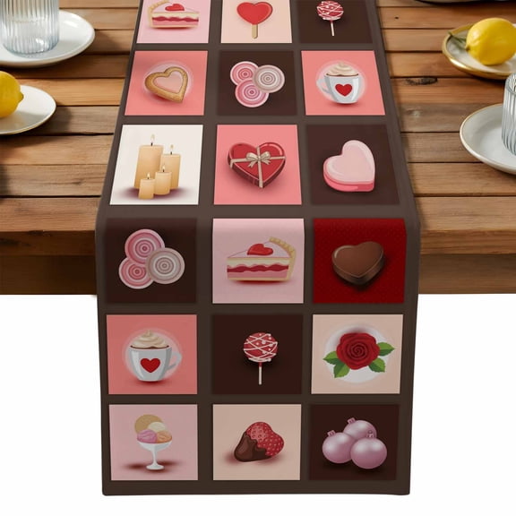 Valentine's Day Table Runner, Sweet Chocolate Ice Cream Cake Love Cookies Rose Candle Plaid Washable Kitchen Table Runners Dress Scarves for Dining Table Decorations Party, 13x36in
