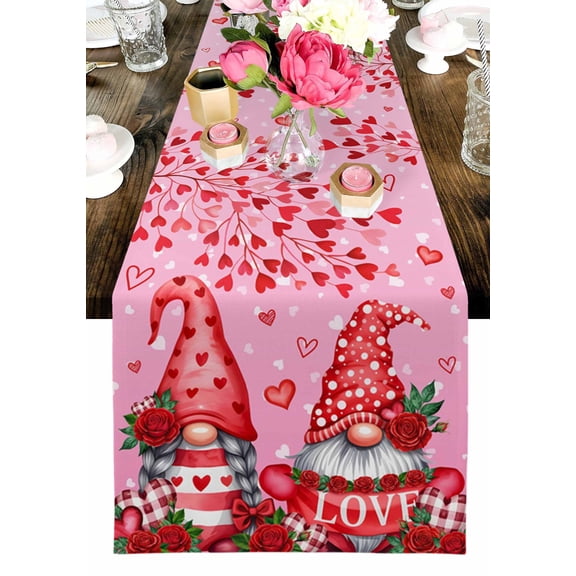 Valentine's Day Table Runner, Sweet Gnome Couple Red Love Heart Roses Floral Pink Washable Cotton-linen Table Runners Dining Kitchen Decoration for Everyday Home Wedding Party Decor, 13 x 36 Inch