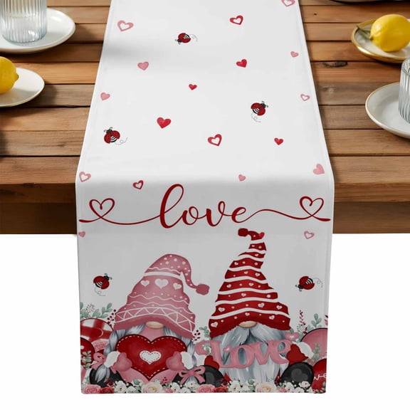Valentine's Day Table Runner, Sweet Gnome Couple Red Pink Love Heart Rose Floral Washable Kitchen Table Runners Dress Scarves for Dining Table Decorations Party, 13x36in