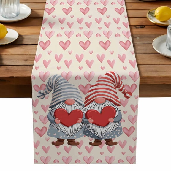 Valentine's Day Table Runner, Sweet Gnome Couple Watercolor Pink Love Heart Beige Background Washable Kitchen Table Runners Dress Scarves for Dining Table Decorations Party, 13x36in