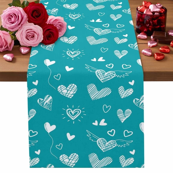 Valentine's Day Table Runner Teal Green Love Heart Table Runners Wings Romantic Sweet Love Cotton Linen Dresser Scarf Kitchen Dining Table Decor for Valentines Wedding Party Decor 13x90 Inch