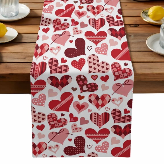 Valentine's Day Table Runner, Vintage Simple Red Pink Brown Dots Stripes Plaid Love Heart Washable Kitchen Table Runners Dress Scarves for Dining Table Decorations Party, 13x108in