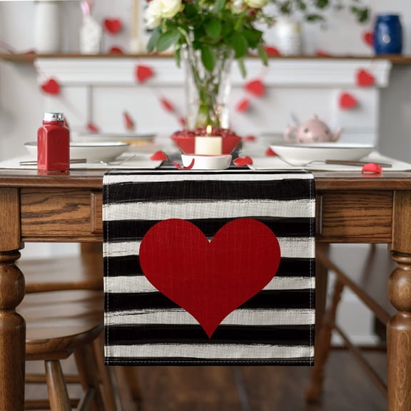 Valentine's Day Table Runner With Watercolor Stripes & Love Heart Design 47.24×12.99inch Romantic Seasonal Kitchen Dining Table Decoration for Home Party Decor