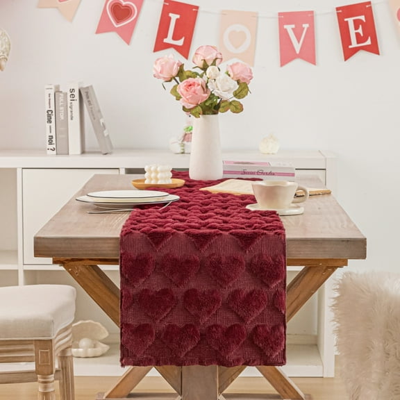 Valentine's Day Table Runner, Wine Red Soft Plush Faux Fur Love Heart Table Runners 72 inches long, Festival Kitchen Dining Table Decoration for Home Party Decor 13x72 Inch