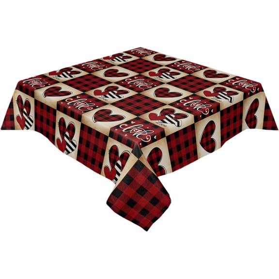 Valentine''s Day Tablecloth 54x54inch, Polyester Table Cloth Cover for Dining Tables, Indoor Outdoor Use for Parties Gatherings, Waterproof Spillproof, Love Heart Red Black Plaid