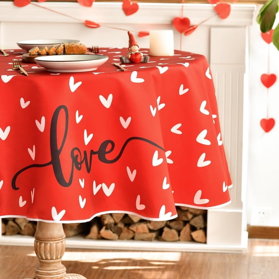 Valentine''s Day Tablecloth 60×60 Inch Round, Mini Love Hearts Red Washable Table Cover for Party Picnic Dinner Decor