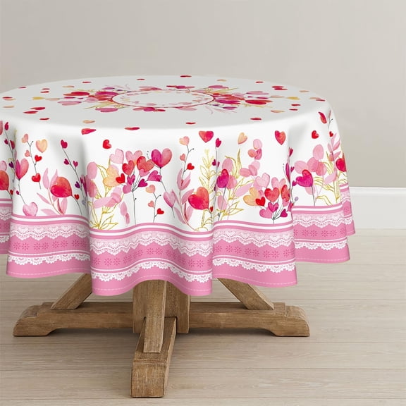 Valentine''s Day Tablecloth 60×60 Inch Round, Pink Love Plants Washable Table Cover for Party Picnic Dinner Decor