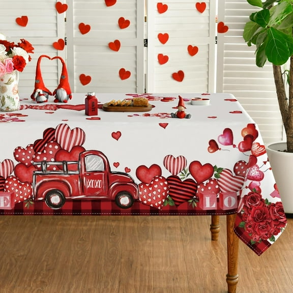 Valentine''s Day Tablecloth 60×60 Inch Square, Gnomes Truck Black Buffalo Plaid Washable Table Cover for Party Picnic Dinner Decor
