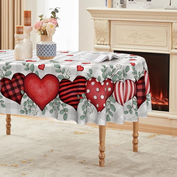 Valentine''s Day Tablecloth 60×84 Inch Oval, Buffalo Plaid Red Love Hearts Washable Table Cover for Party Picnic Dinner Decor