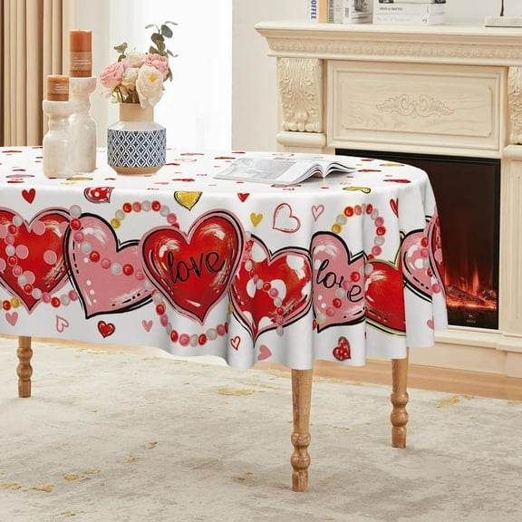Valentine''s Day Tablecloth 60×84 Inch Oval, Love Hearts Red Washable Table Cover for Party Picnic Dinner Decor