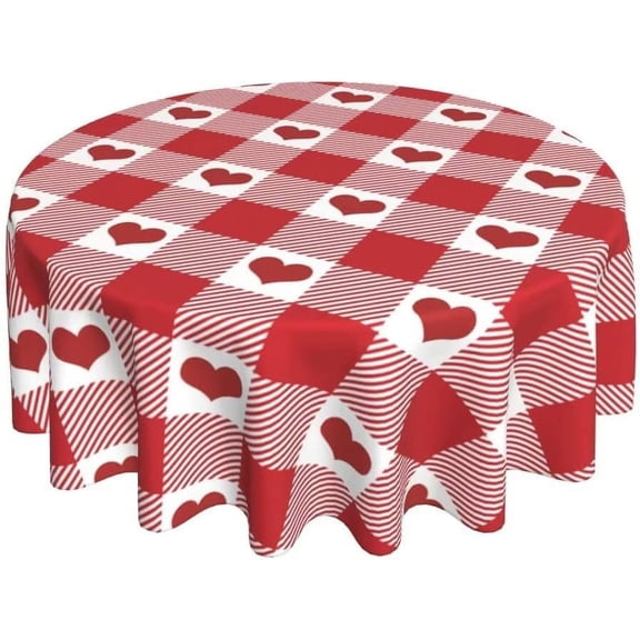 Valentine''s Day Tablecloth 60 Inch Round, Mothers Day Checkered Hearts Table Cloth, Valentine Tablecloths Polyester Fabric Farmhouse Decorative for Valentine Wedding Home Kitchen Dining Party