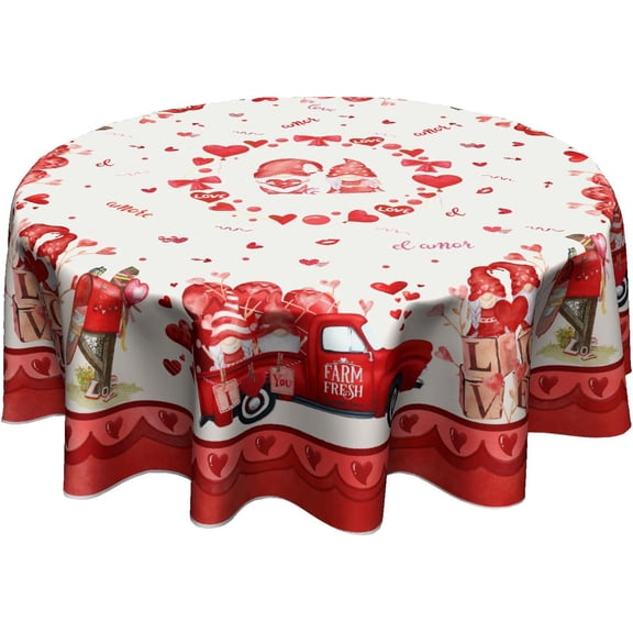 Valentine''s Day Tablecloth 60 Inch Round Red Love Gnome Table Cloth Holiday Decorative Table Cover for Home Kitchen Dining Picnic Party