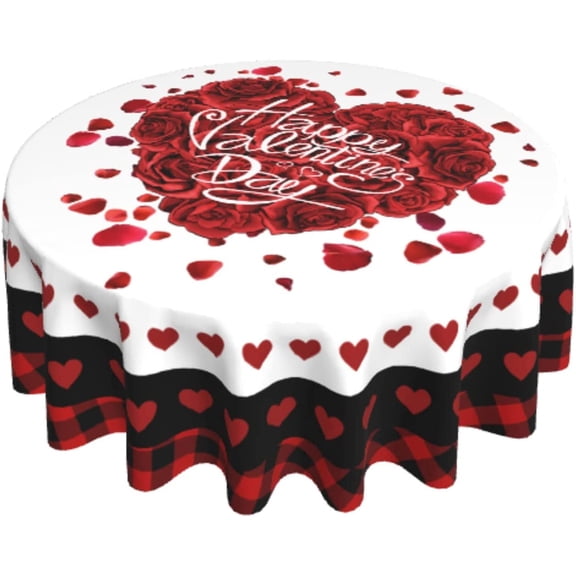 Valentine''s Day Tablecloth 60 Inch Round Red Rose Flower Buffalo Plaid Tablecloths Love Heart Table Cover Washable Tablecloth for Party Holiday Kitchen Dining Room Indoor Outdoor Decor