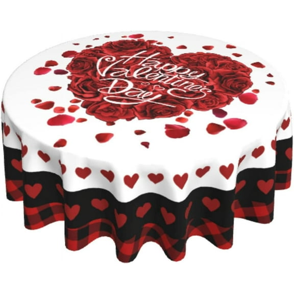 Valentine''s Day Tablecloth 60 Inch Round Red Rose Flower Buffalo Plaid Tablecloths Love Heart Table Cover Washable Tablecloth for Party Holiday Kitchen Dining Room Indoor Outdoor Decor