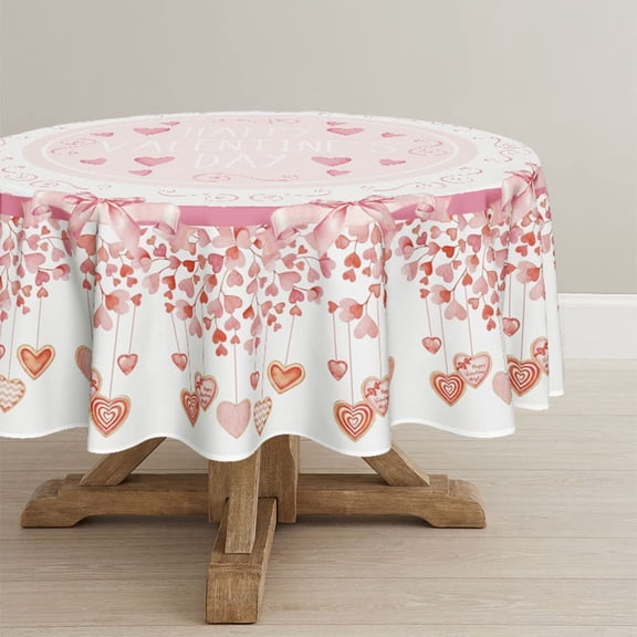Valentine''s Day Tablecloth 60x60 Inch Round, Pink Ribbon Love Happy Valentine Table Cloth Holiday Table Cover for Party Dinner Decor
