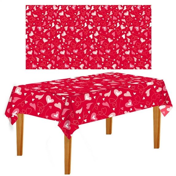 Valentine's Day Tablecloth, Disposable Red Hearts Table Cover Rectangular Plastic Tablecloth for Valentine's Day Wedding Anniversary Party Supplies, 54 x 108 Inch, D