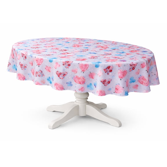 Valentine's Day Tablecloth, Flowers and Hearts on Grey Textured Fabric by Mainstream (60 x 84 Oval)