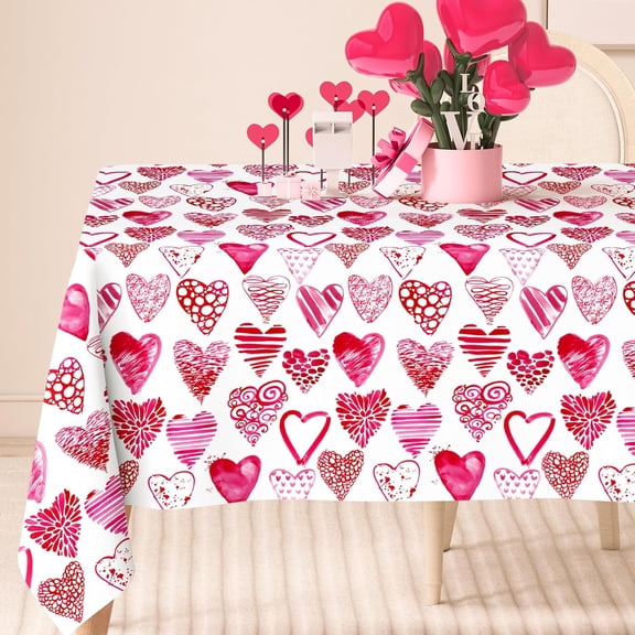 Valentine''s Day Tablecloth Pink Watercolor Heart Fabric Table Cloth Washable Table Cover for Dinner Table Home Kitchen Party Decor, 60 x 102 Inch